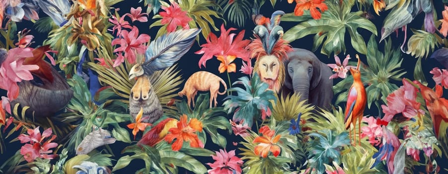 Tropical exotic pattern with animal and flowers in bright colors and lush vegetation. Ai Generative