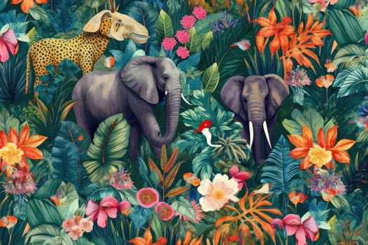 Tropical exotic pattern with animal and flowers in bright colors and lush vegetation. Ai Generative