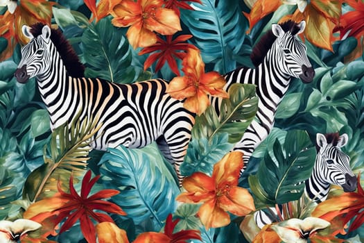 Tropical exotic pattern with animal and flowers in bright colors and lush vegetation. Ai Generative