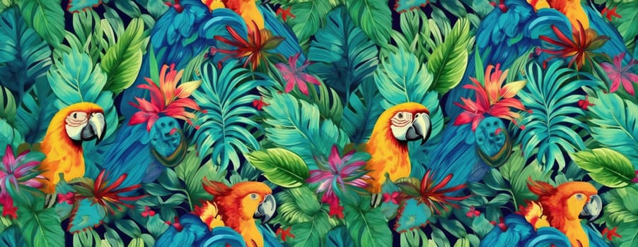 Tropical exotic pattern with animal and flowers in bright colors and lush vegetation. Ai Generative