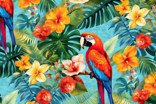 Tropical exotic pattern with animal and flowers in bright colors and lush vegetation. Ai Generative