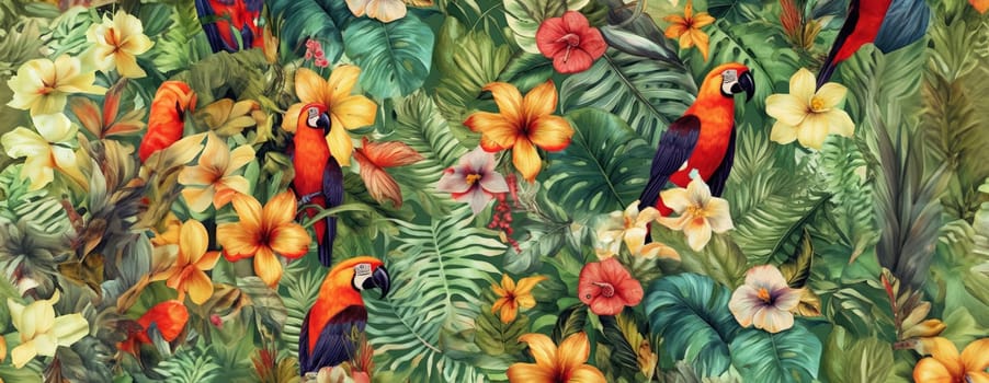 Tropical exotic pattern with animal and flowers in bright colors and lush vegetation. Ai Generative