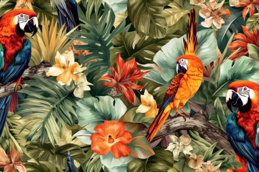 Tropical exotic pattern with animal and flowers in bright colors and lush vegetation. Ai Generative