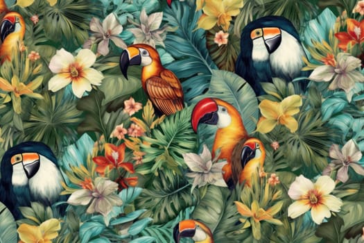 Tropical exotic pattern with animal and flowers in bright colors and lush vegetation. Ai Generative