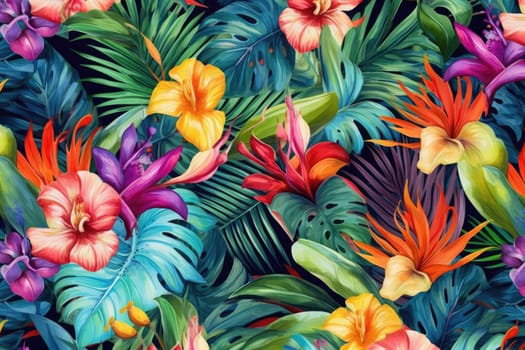 Tropical exotic pattern with animal and flowers in bright colors and lush vegetation. Ai Generative