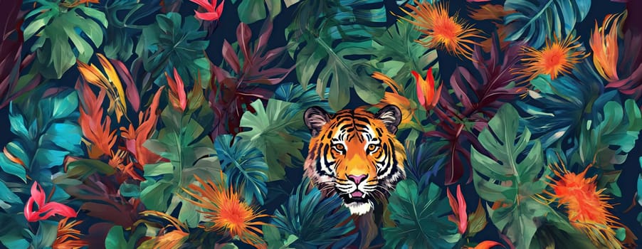 Tropical exotic pattern with animal and flowers in bright colors and lush vegetation. Ai Generative