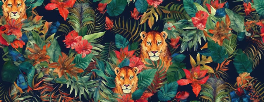 Tropical exotic pattern with animal and flowers in bright colors and lush vegetation. Ai Generative