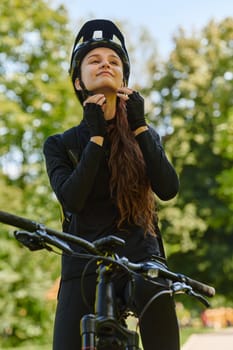 In the radiant embrace of a sunny day, a joyous girl, adorned in professional cycling gear, finds pure bliss and vitality as she cruises through the park on her bicycle, her infectious laughter echoing the carefree harmony of the moment.
