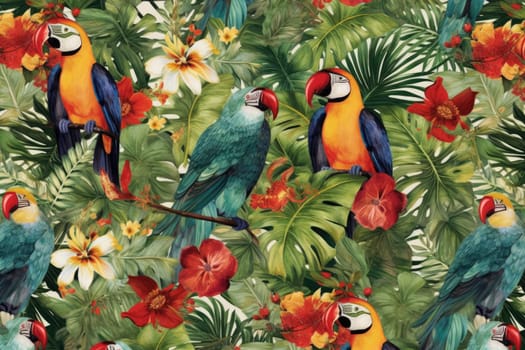 Tropical exotic pattern with animal and flowers in bright colors and lush vegetation. Ai Generative