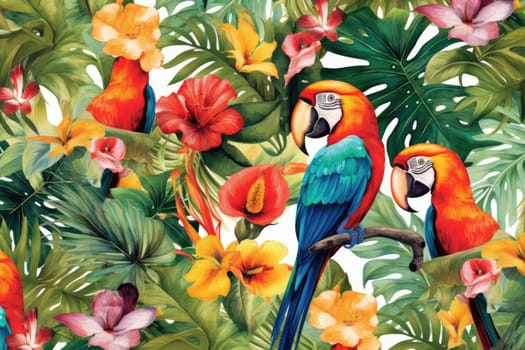 Tropical exotic pattern with animal and flowers in bright colors and lush vegetation. Ai Generative