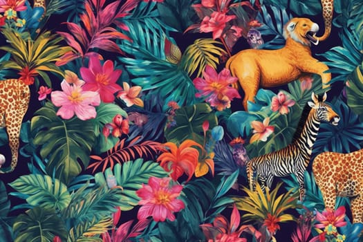 Tropical exotic pattern with animal and flowers in bright colors and lush vegetation. Ai Generative