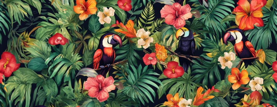 Tropical exotic pattern with animal and flowers in bright colors and lush vegetation. Ai Generative