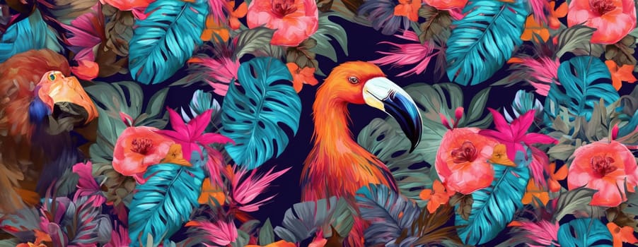 Tropical exotic pattern with animal and flowers in bright colors and lush vegetation. Ai Generative