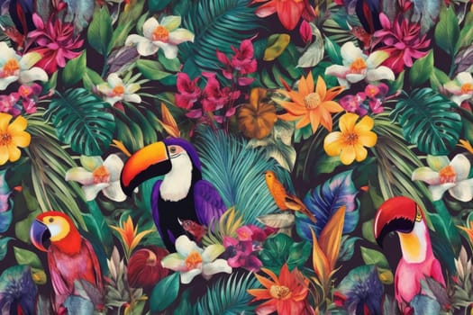 Tropical exotic pattern with animal and flowers in bright colors and lush vegetation. Ai Generative