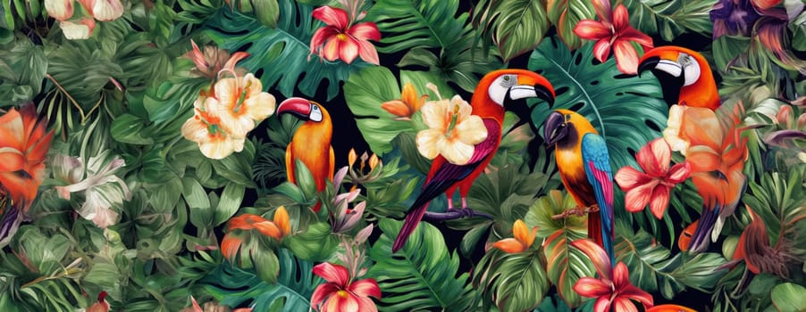 Tropical exotic pattern with animal and flowers in bright colors and lush vegetation. Ai Generative