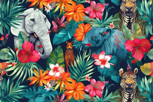 Tropical exotic pattern with animal and flowers in bright colors and lush vegetation. Ai Generative