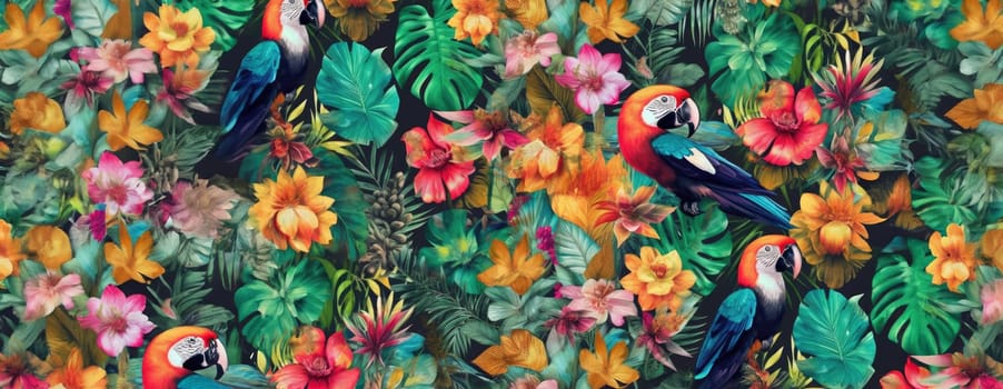 Tropical exotic pattern with animal and flowers in bright colors and lush vegetation. Ai Generative