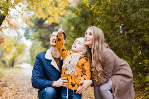 mom and dad and the little boy in the Park in autumn saw the birds