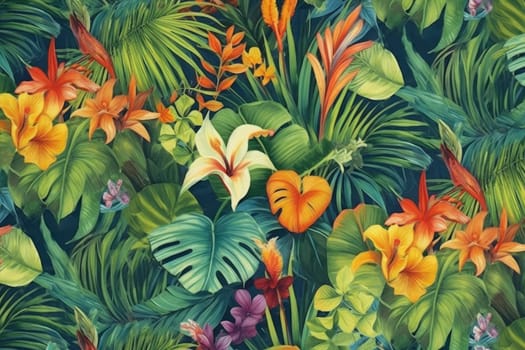 Tropical exotic pattern with animal and flowers in bright colors and lush vegetation. Ai Generative