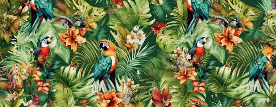 Tropical exotic pattern with animal and flowers in bright colors and lush vegetation. Ai Generative