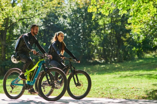 A blissful couple, adorned in professional cycling gear, enjoys a romantic bicycle ride through a park, surrounded by modern natural attractions, radiating love and happiness.