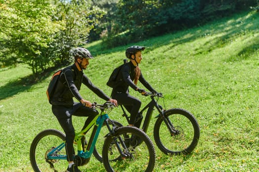 A blissful couple, adorned in professional cycling gear, enjoys a romantic bicycle ride through a park, surrounded by modern natural attractions, radiating love and happiness.