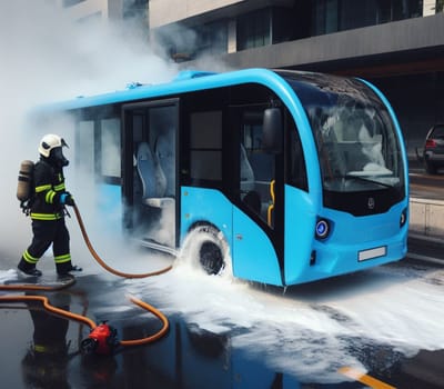 electric hybrid city bus burn bottom chasis, firefighter apply foam to extinguish flames big smoke ai generated