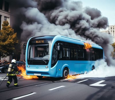 electric hybrid city bus burn bottom chasis, firefighter apply foam to extinguish flames big smoke ai generated