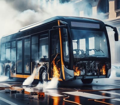 electric hybrid city bus burn bottom chasis, firefighter apply foam to extinguish flames big smoke ai generated