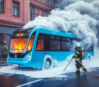 electric hybrid city bus burn bottom chasis, firefighter apply foam to extinguish flames big smoke ai generated