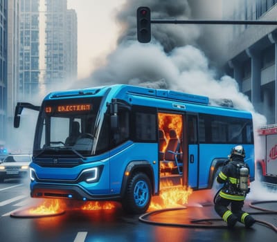 electric hybrid city bus burn bottom chasis, firefighter apply foam to extinguish flames big smoke ai generated