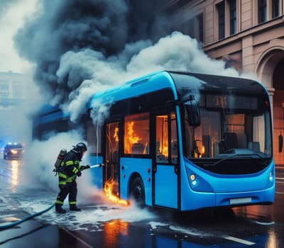 electric hybrid city bus burn bottom chasis, firefighter apply foam to extinguish flames big smoke ai generated