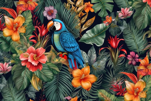 Tropical exotic pattern with animal and flowers in bright colors and lush vegetation. Ai Generative