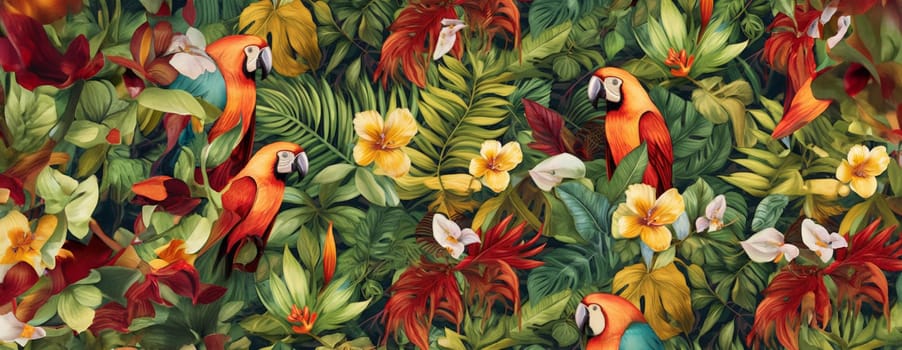 Tropical exotic pattern with animal and flowers in bright colors and lush vegetation. Ai Generative