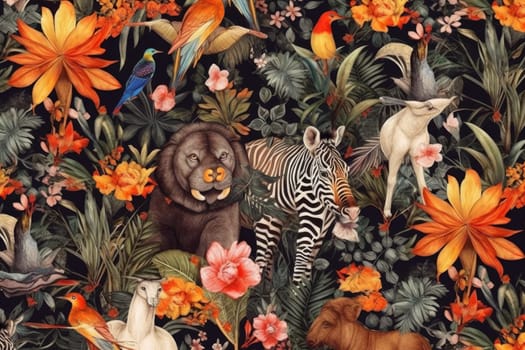 Tropical exotic pattern with animal and flowers in bright colors and lush vegetation. Ai Generative