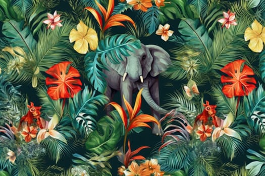 Tropical exotic pattern with animal and flowers in bright colors and lush vegetation. Ai Generative