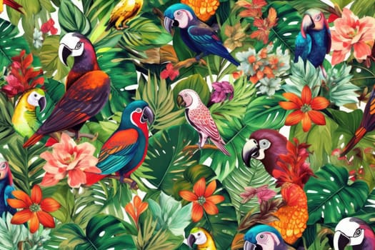 Tropical exotic pattern with animal and flowers in bright colors and lush vegetation. Ai Generative