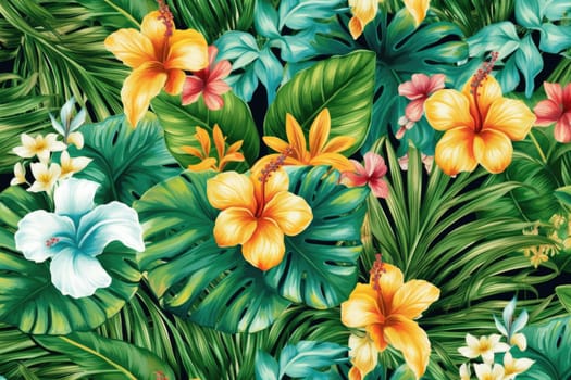 Tropical exotic pattern with animal and flowers in bright colors and lush vegetation. Ai Generative