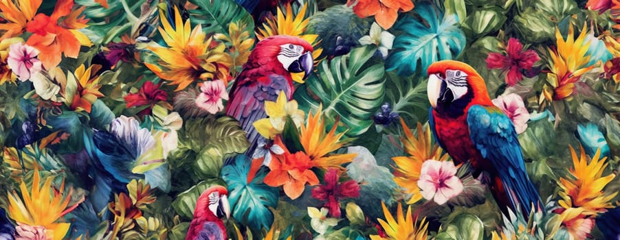 Tropical exotic pattern with animal and flowers in bright colors and lush vegetation. Ai Generative