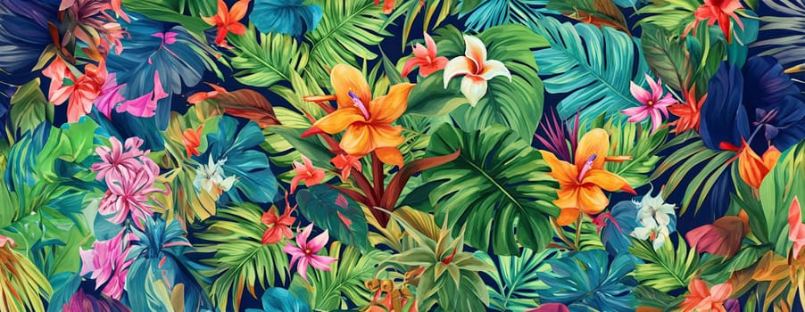 Tropical exotic pattern with animal and flowers in bright colors and lush vegetation. Ai Generative