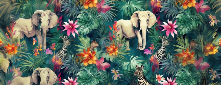 Tropical exotic pattern with animal and flowers in bright colors and lush vegetation. Ai Generative