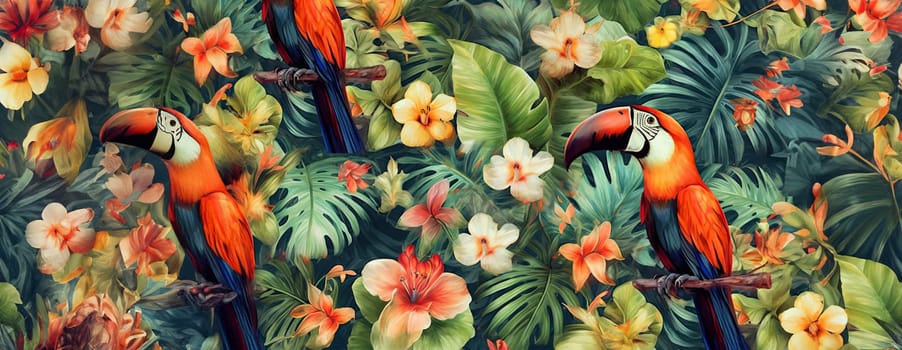 Tropical exotic pattern with animal and flowers in bright colors and lush vegetation. Ai Generative