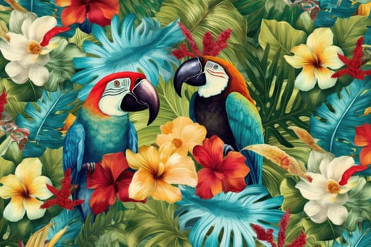 Tropical exotic pattern with animal and flowers in bright colors and lush vegetation. Ai Generative