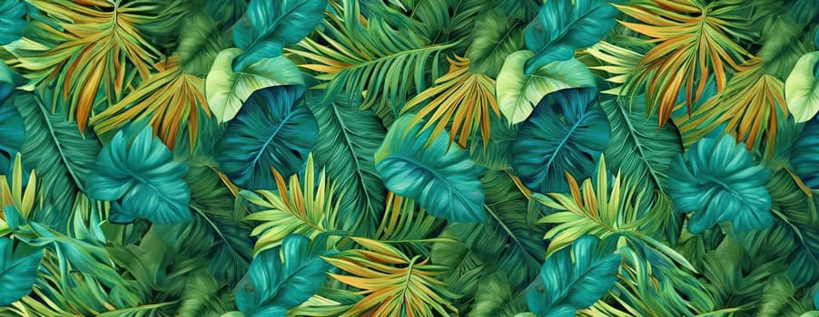 Tropical exotic pattern with animal and flowers in bright colors and lush vegetation. Ai Generative