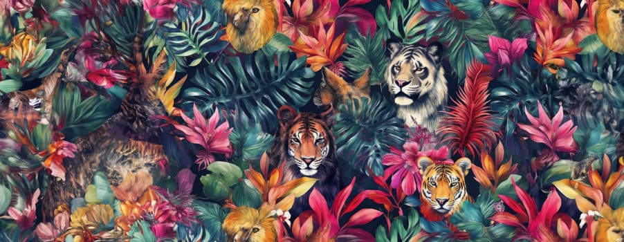 Tropical exotic pattern with animal and flowers in bright colors and lush vegetation. Ai Generative