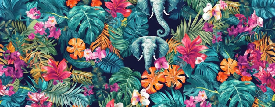 Tropical exotic pattern with animal and flowers in bright colors and lush vegetation. Ai Generative