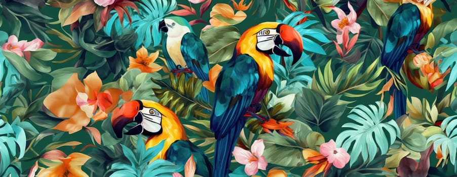 Tropical exotic pattern with animal and flowers in bright colors and lush vegetation. Ai Generative