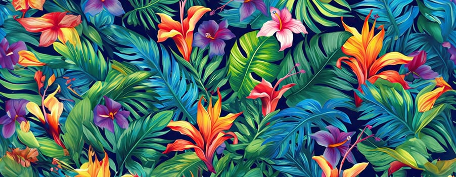 Tropical exotic pattern with animal and flowers in bright colors and lush vegetation. Ai Generative