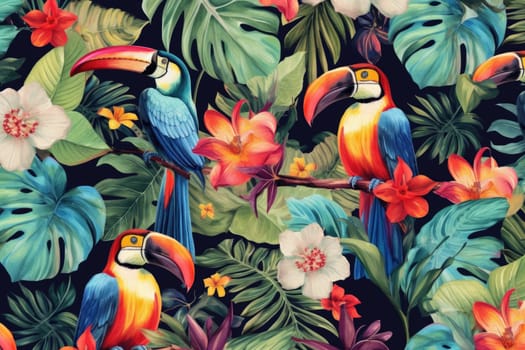 Tropical exotic pattern with animal and flowers in bright colors and lush vegetation. Ai Generative