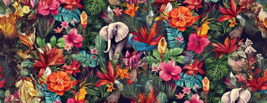 Tropical exotic pattern with animal and flowers in bright colors and lush vegetation. Ai Generative